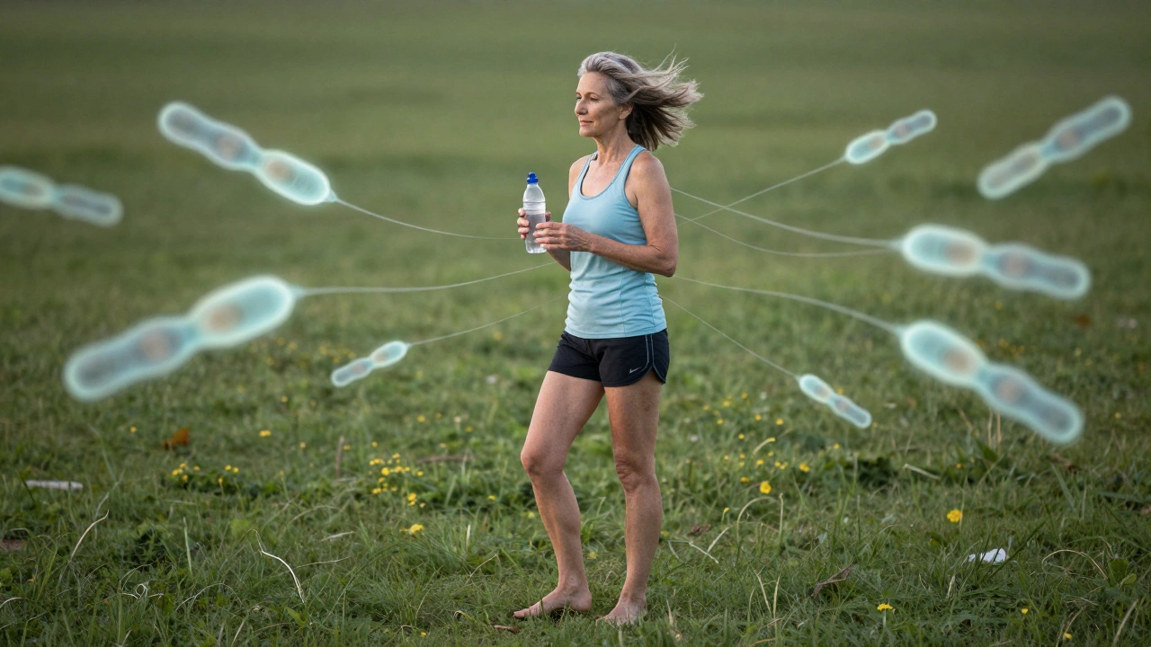 A 58-year-old runner standing barefoot after a morning run, surrounded by glowing telomeres symbolizing slowed aging.