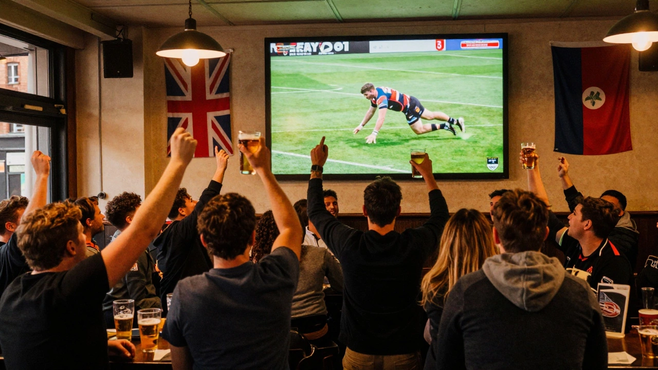 A crowded London pub celebrating a rugby try, fans cheering under warm lights with no visible branding.