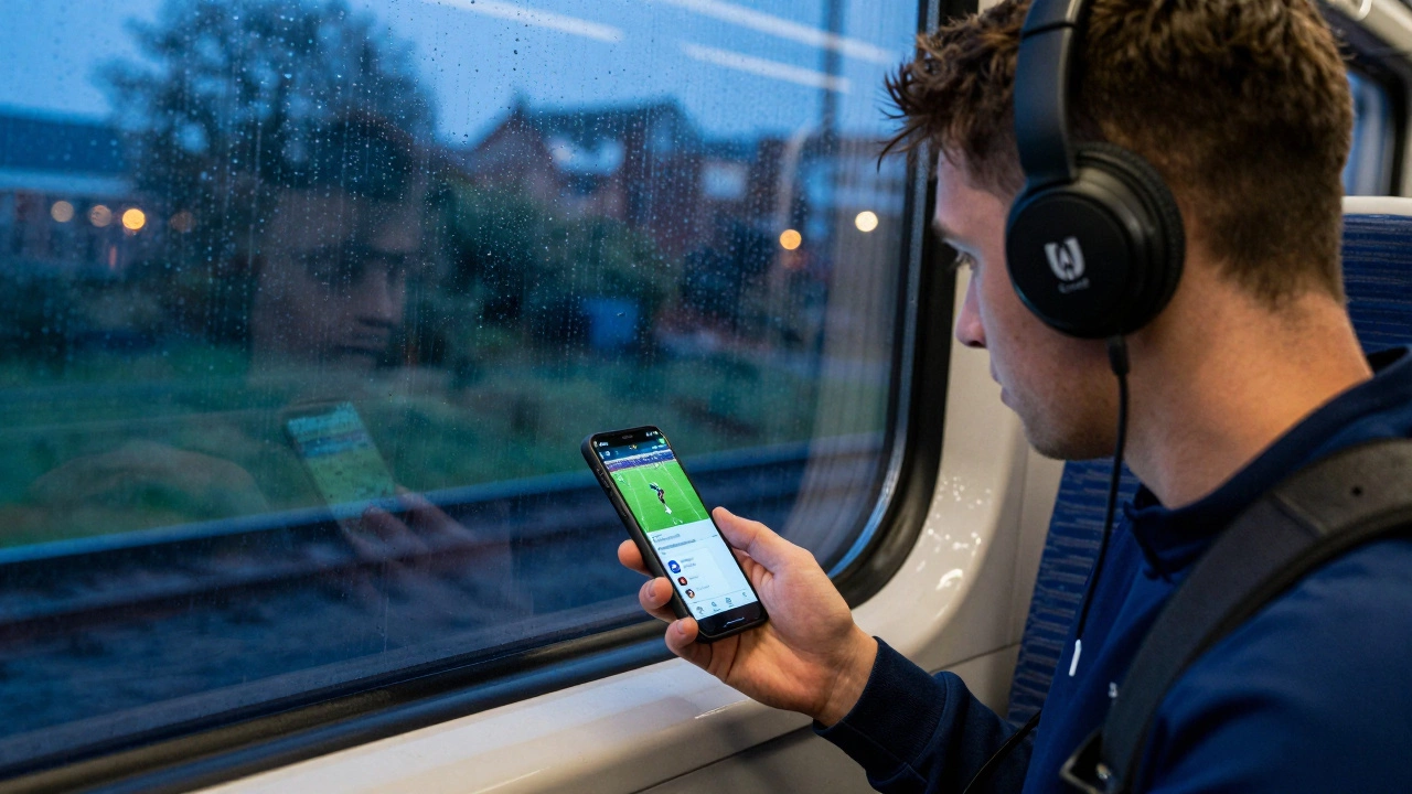 A fan watching a live rugby match on their phone during a train ride in Bristol, rain on the window.