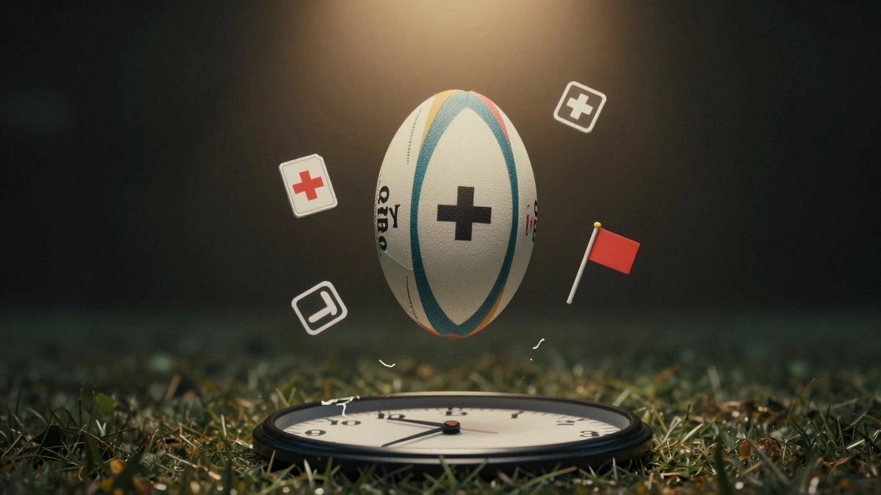 A rugby ball floating above a broken clock, surrounded by icons representing injuries, substitutions, and video reviews.