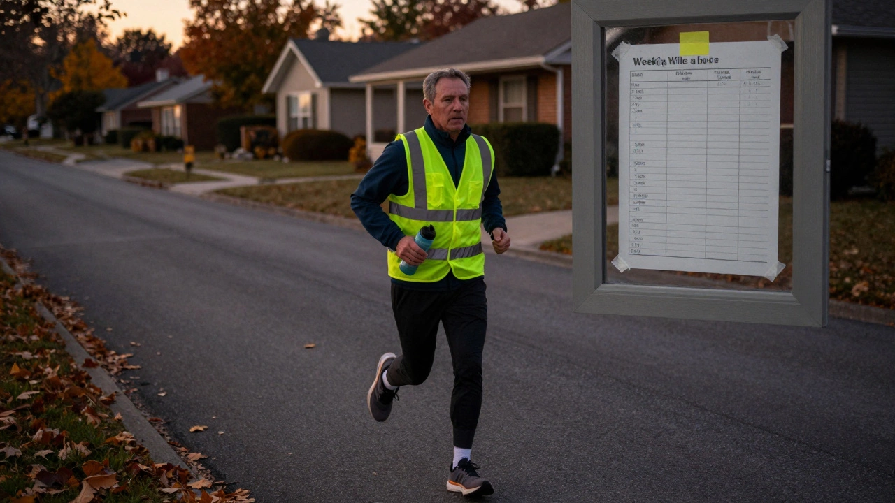A runner in their 40s jogging at dusk with a weekly mileage log visible through a window.