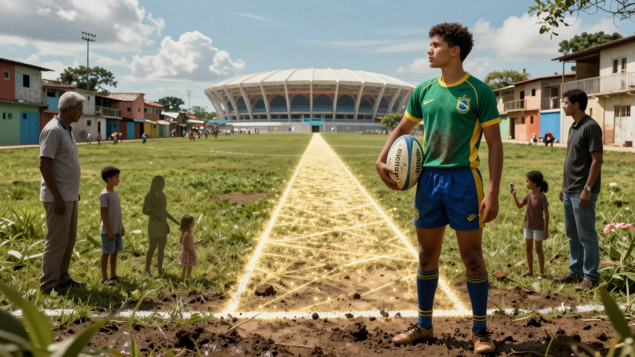A young Brazilian rugby player standing on a muddy pitch, with a glowing path leading to a distant World Cup stadium.