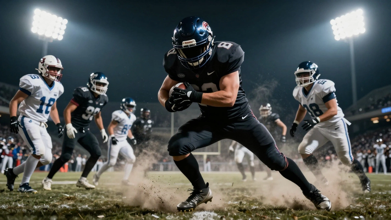 American football player in full gear mid-tackle, helmet reflecting stadium lights, medical staff rushing toward him.
