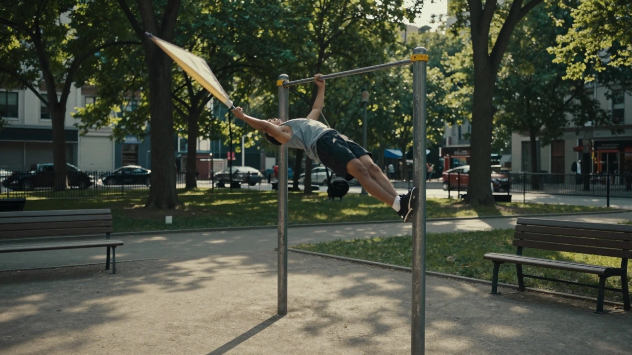 An athlete holding a human flag on a park pull-up bar, body straight and arms extended.