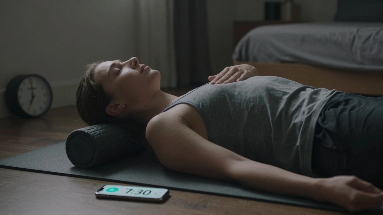An athlete practicing deep breathing on a foam roller in a quiet bedroom at dawn.