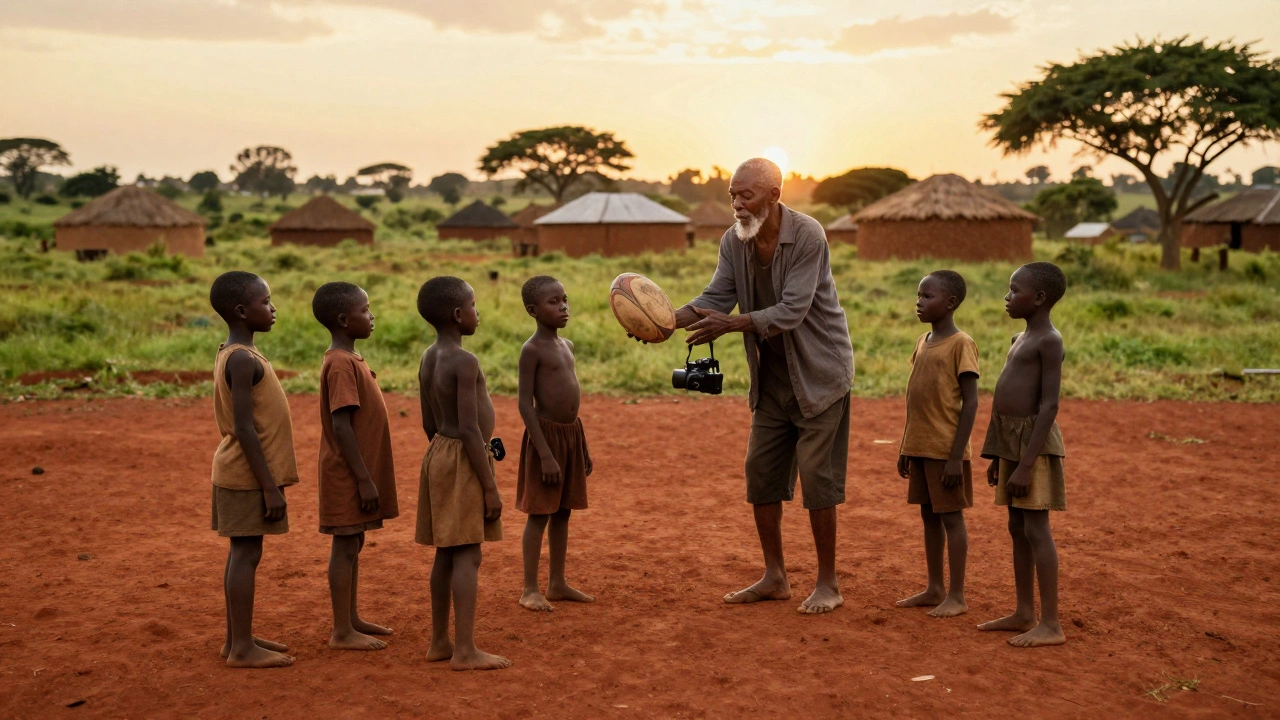 An elderly coach in rural South Africa teaches children to play rugby on a dusty field at sunset.