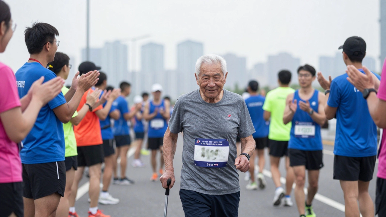 An elderly man walking the last meters of a marathon, supported by volunteers.