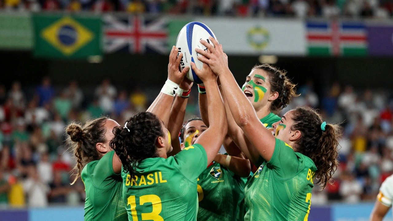 Brazil&#039;s women&#039;s rugby team celebrating a try against Kenya in front of a cheering crowd.