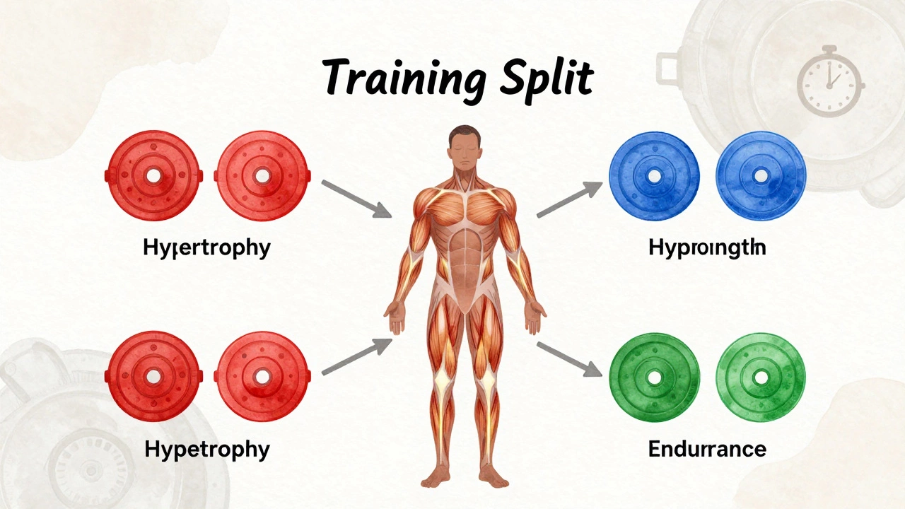Color-coded weekly workout plan showing hypertrophy, strength, and endurance training phases.