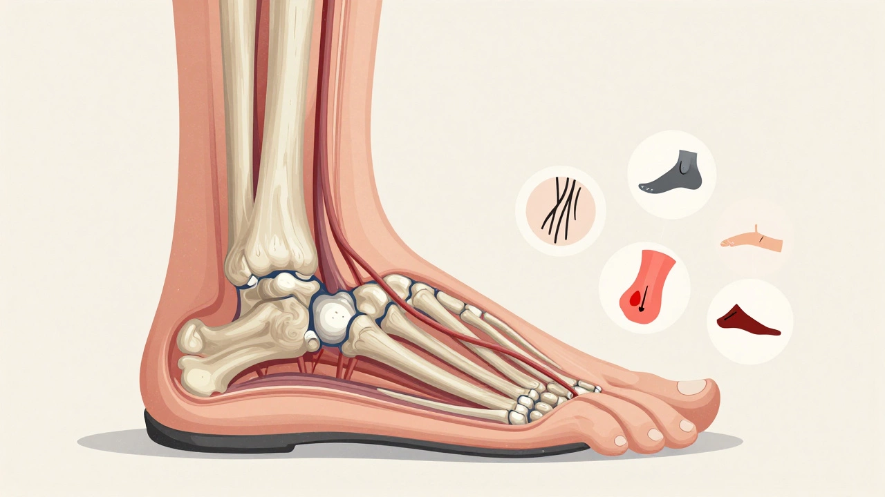 Cross-section of a foot under stress from barefoot shoes, highlighting tendons and bones.
