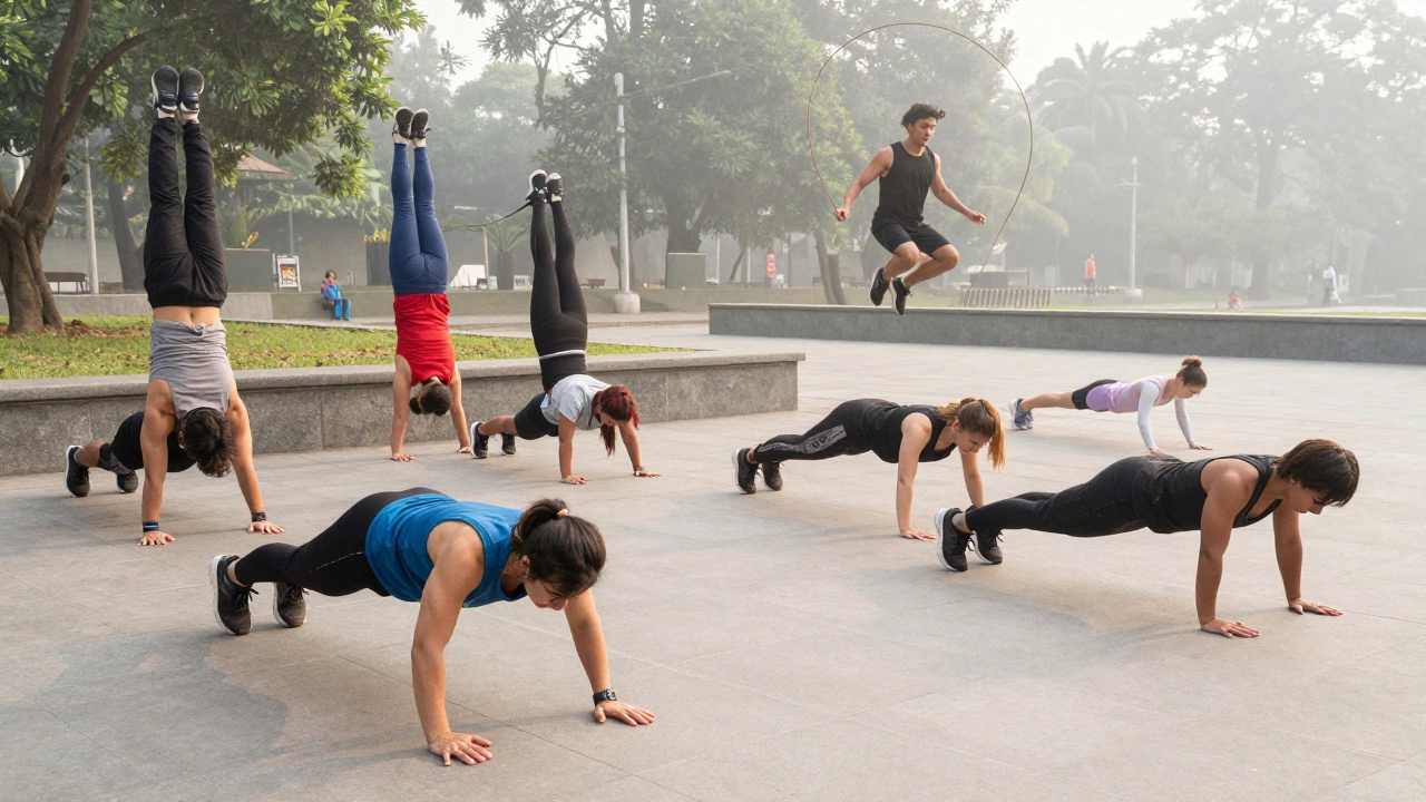 Diverse people practicing calisthenics and parkour in a public square with no equipment.