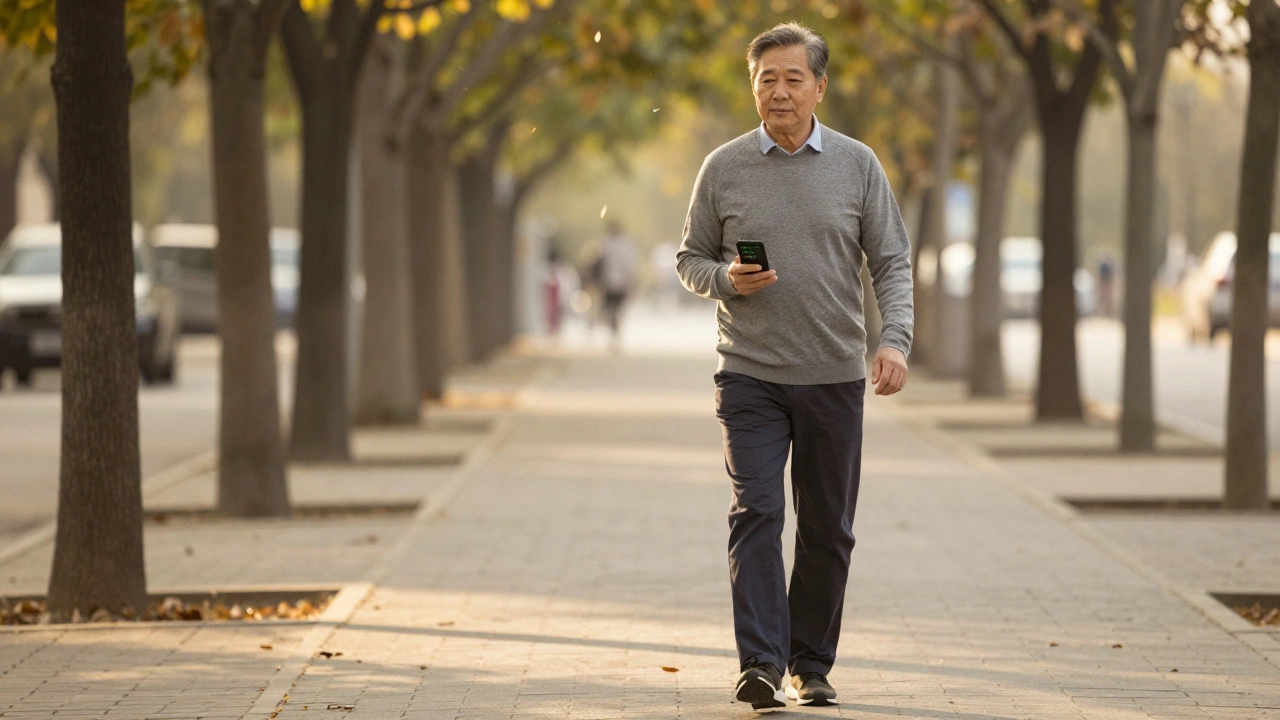Elderly person walking on a leafy path in afternoon light, phone showing step count.