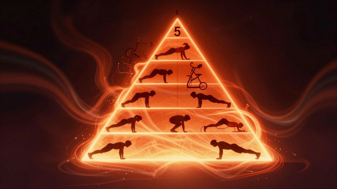 Glowing pyramid with exercise silhouettes representing the HIIT routine&#039;s intensity levels.