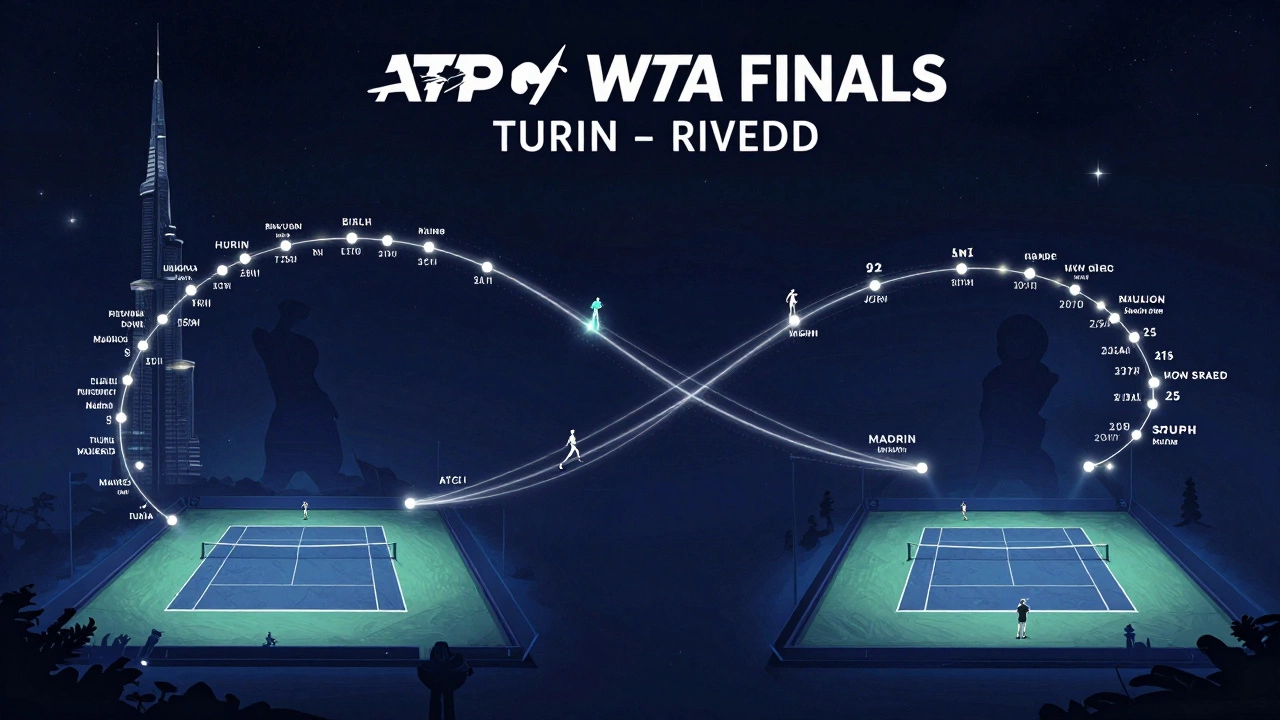 Glowing tennis courts in Turin and Riyadh connected by travel routes, symbolizing the global pro circuit.