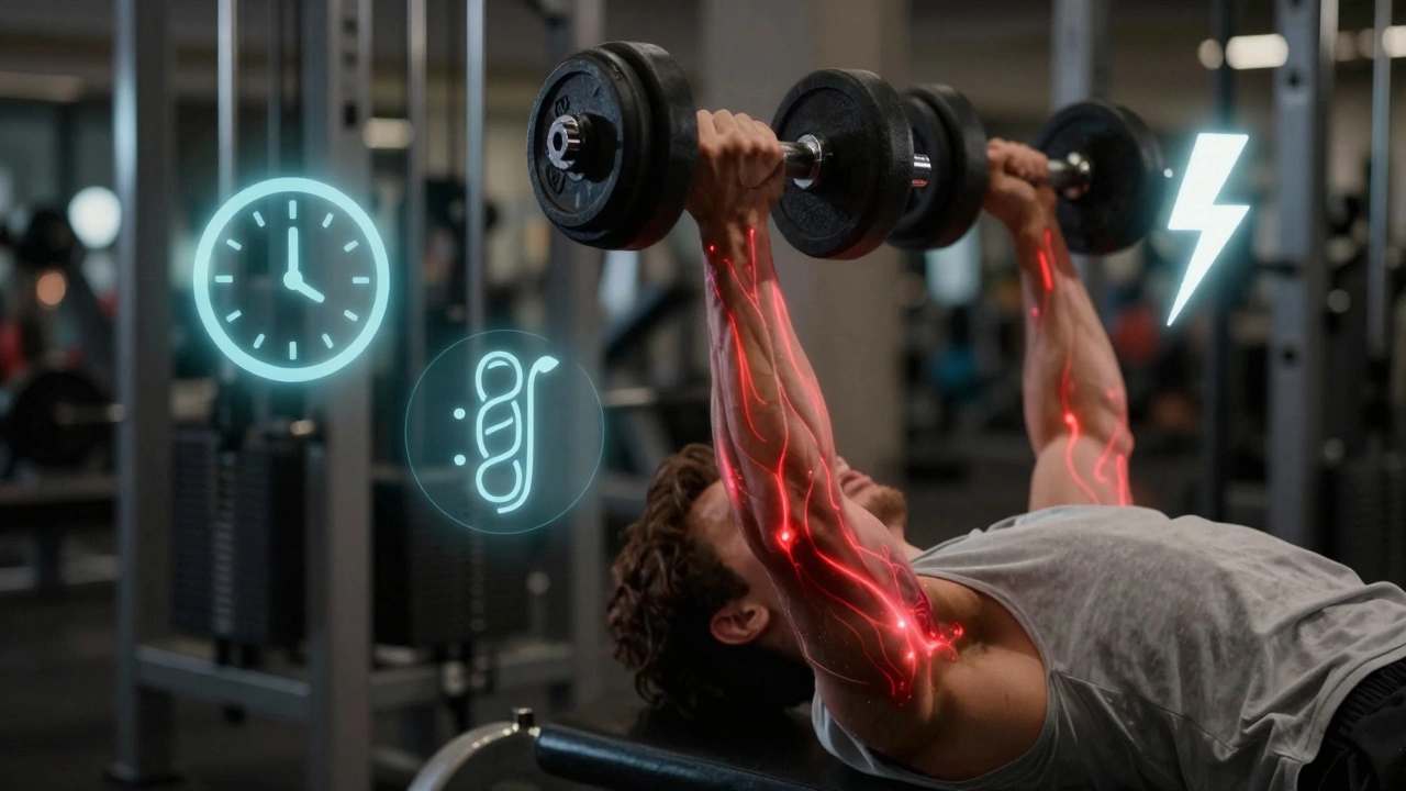 Individual finishing a high-rep dumbbell fly set with glowing blood flow effects in muscles.