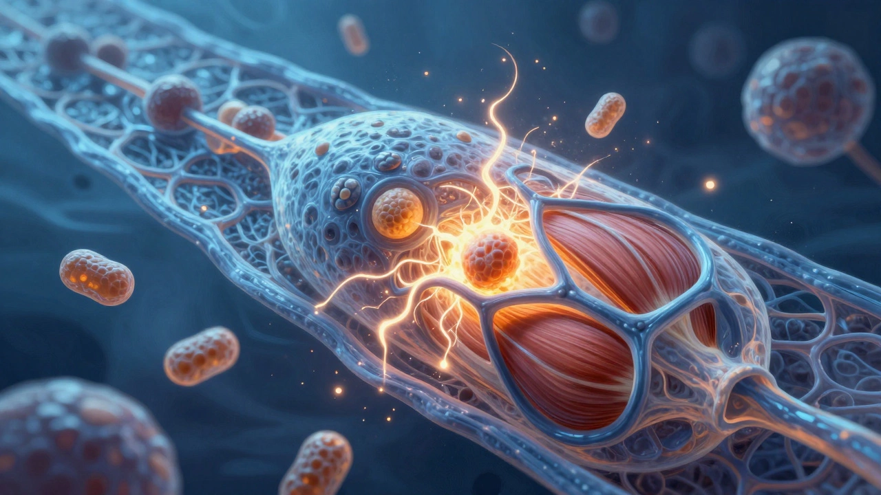 Microscopic view of muscle cells with blocked oxygen flow from unhealthy fats and sugars versus clean energy flow.