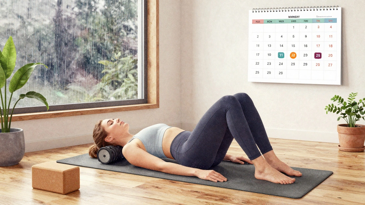Person foam rolling on a mat by a rainy window with recovery calendar visible