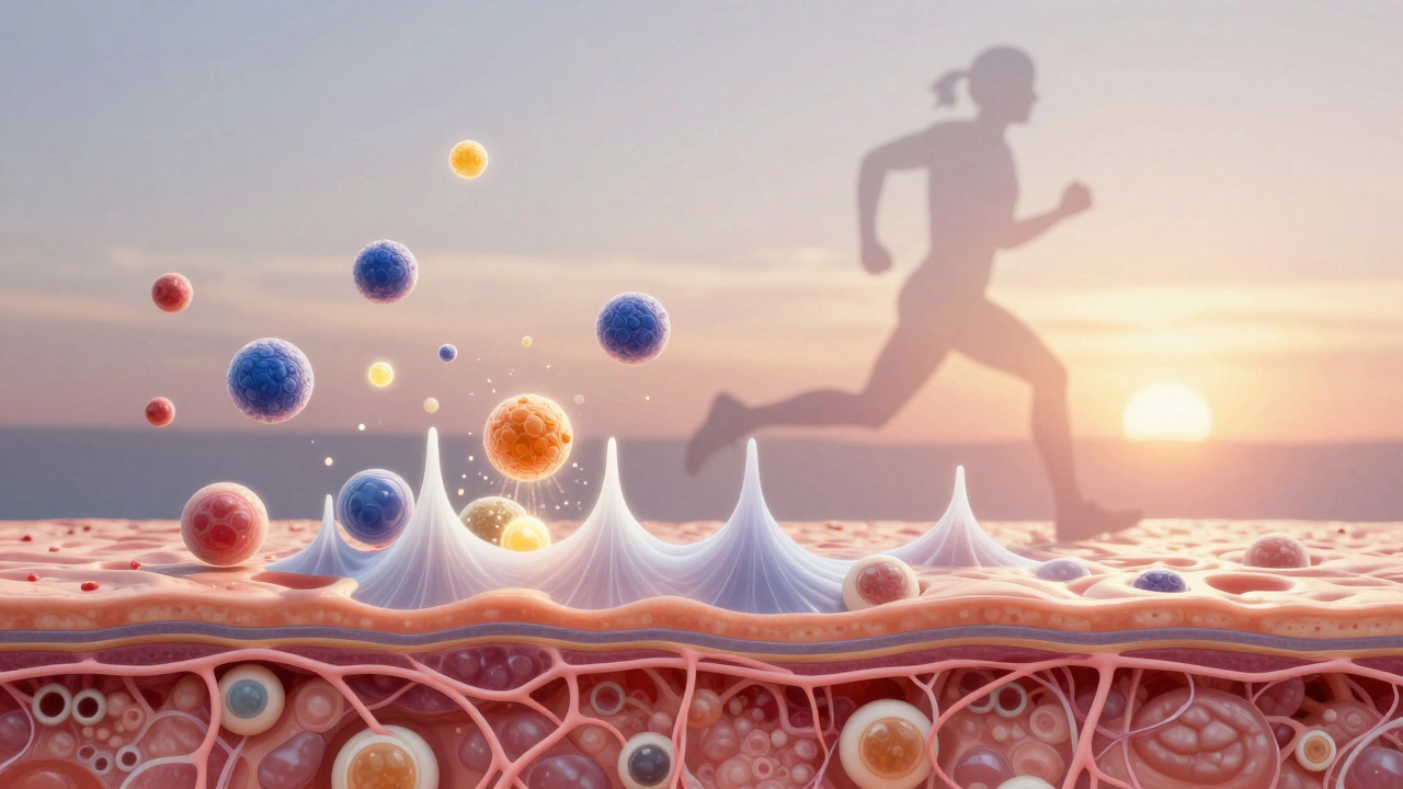 Scientific illustration showing collagen production in skin triggered by running, with glowing proteins and impact waves.