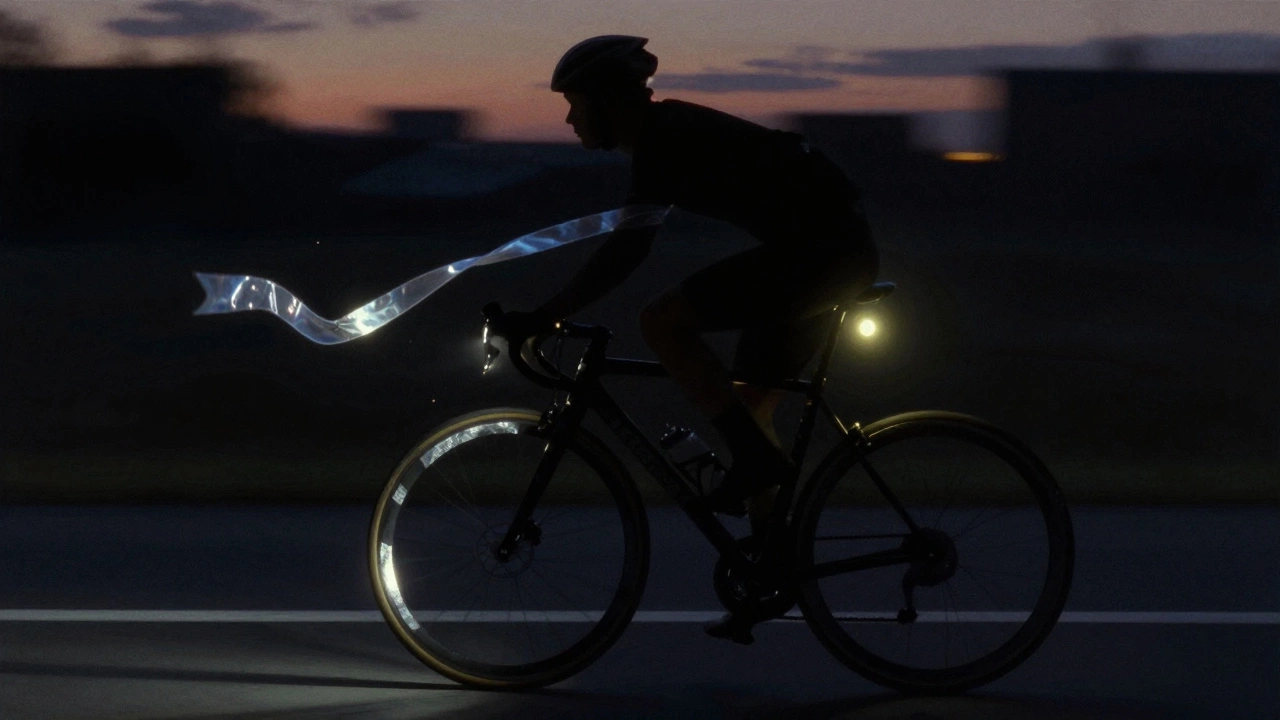 Silhouette of cyclist with glowing lights and reflective gear emerging from dark urban surroundings at dusk.