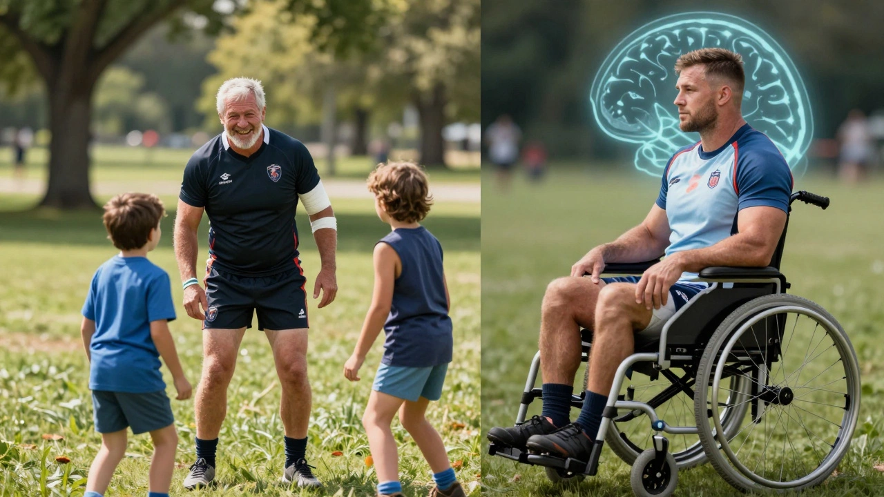 Split image: retired rugby player playing with kids vs. retired football player in wheelchair with brain scan overlay.