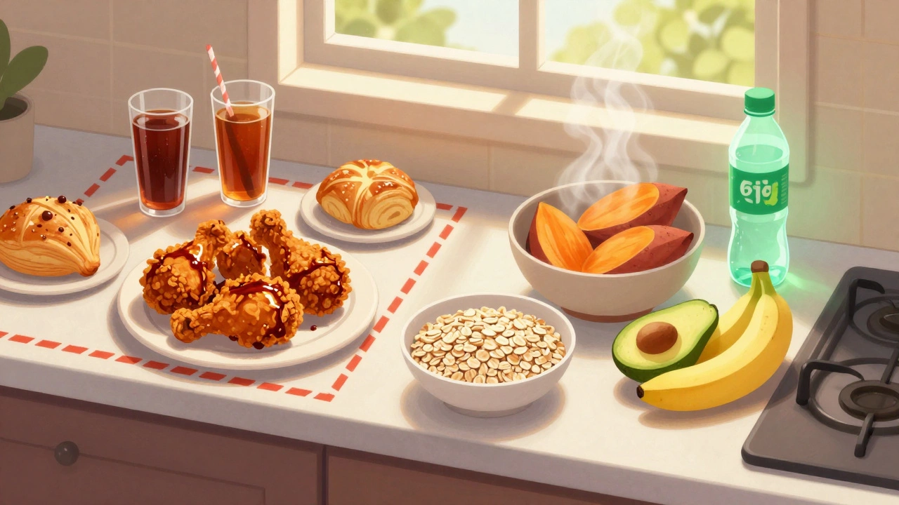 Split kitchen counter showing unhealthy processed foods on one side and healthy whole foods on the other.