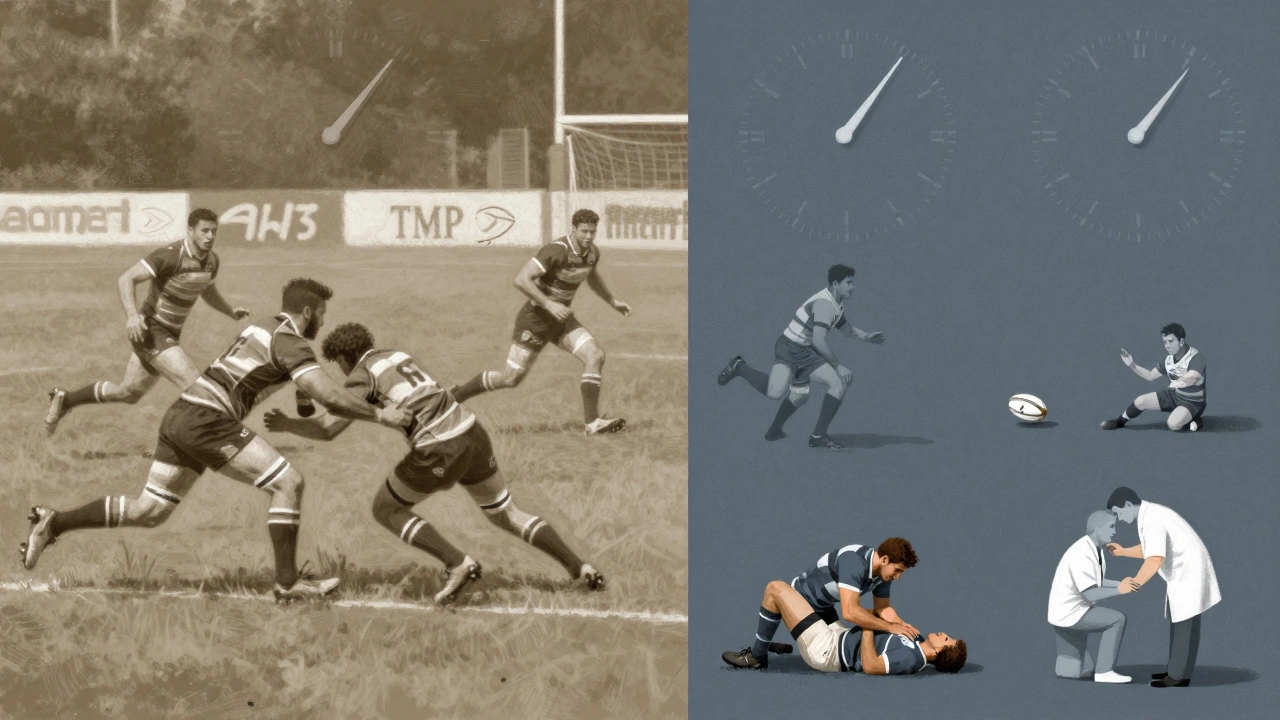 Split-screen illustration showing rugby action alongside stoppage moments like TMO reviews and substitutions, with a clock above.