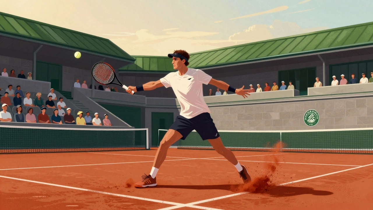 Tennis player hitting a topspin shot on red clay at Roland Garros, dust rising around their shoes.