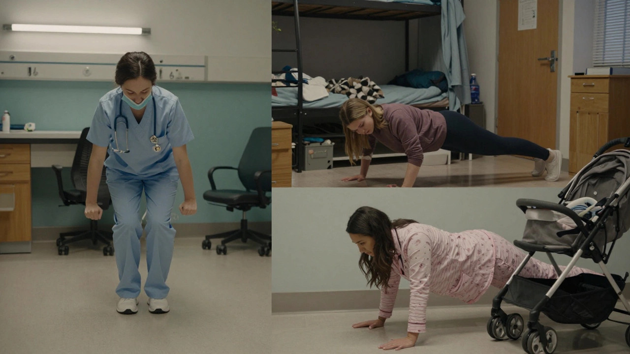 Three people performing the 5-4-3-2-1 workout in different everyday settings.