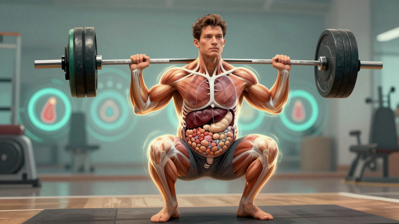Transparent human body showing visceral fat surrounded by glowing muscles during squats and deadlifts.