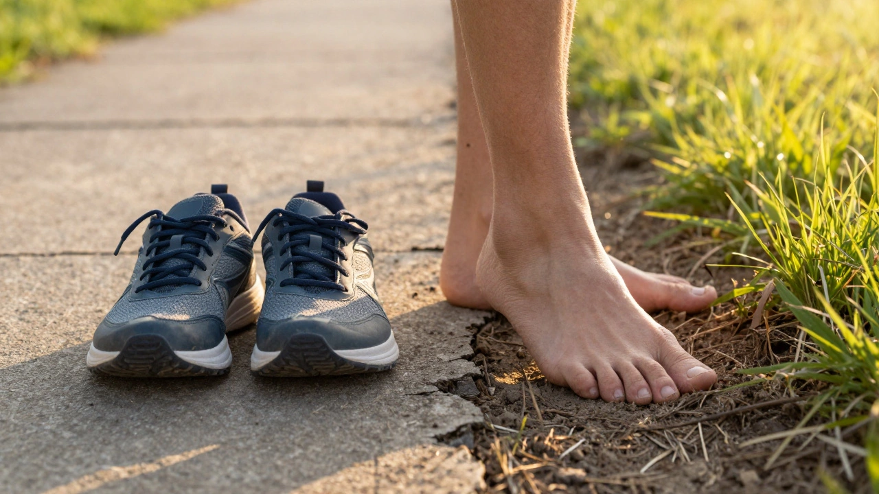 Two shoes side by side: barefoot and cushioned, with foot stepping from concrete to grass.