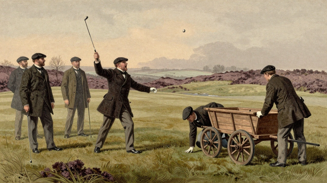 19th-century Scottish golfers and caddie reacting to a flying golf ball on a links course.