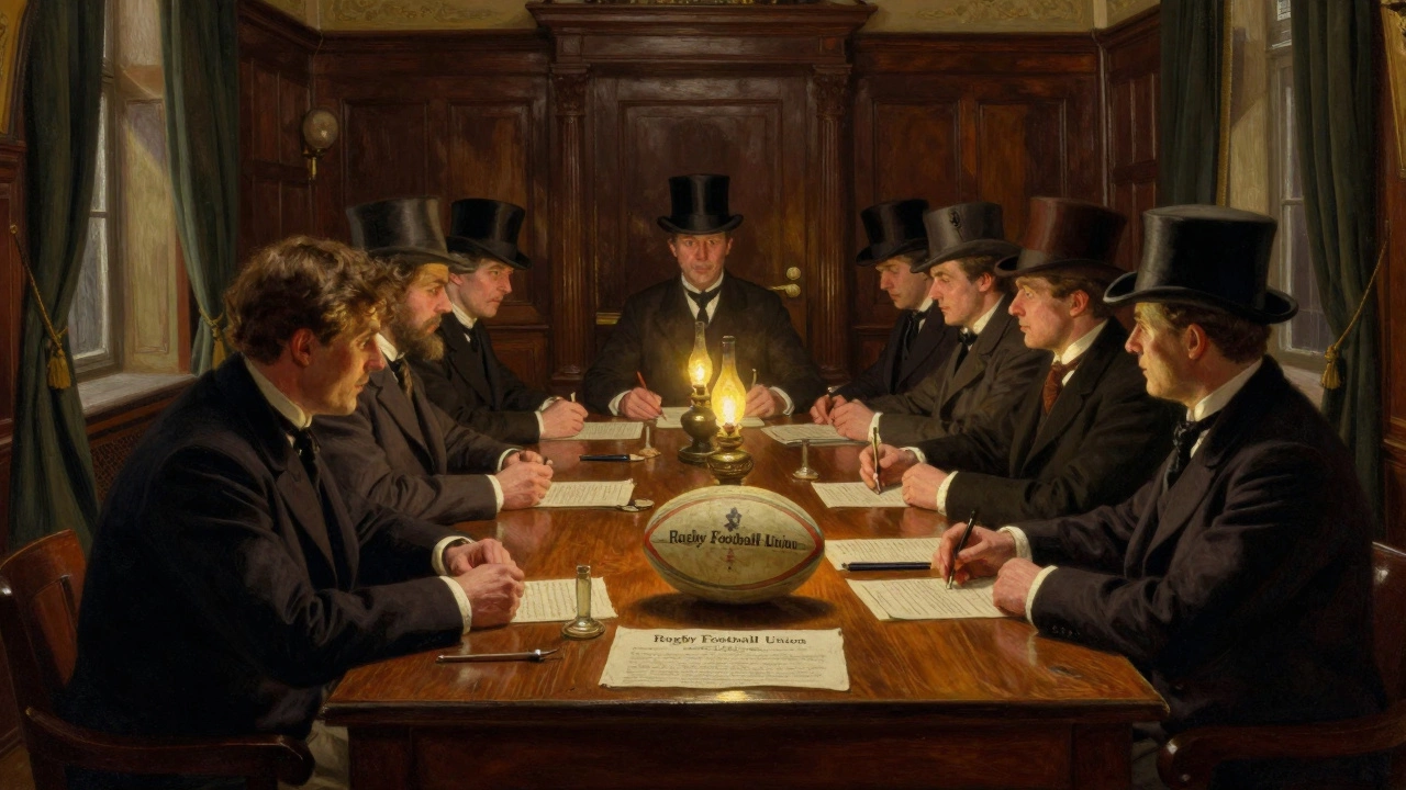 21 men in Victorian attire sign the founding document of the Rugby Football Union in a dimly lit room.