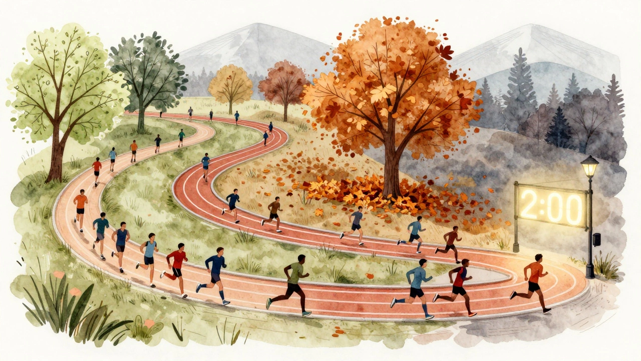 An artistic path through seasons illustrating a runner's weekly training journey toward a 2-hour half marathon.