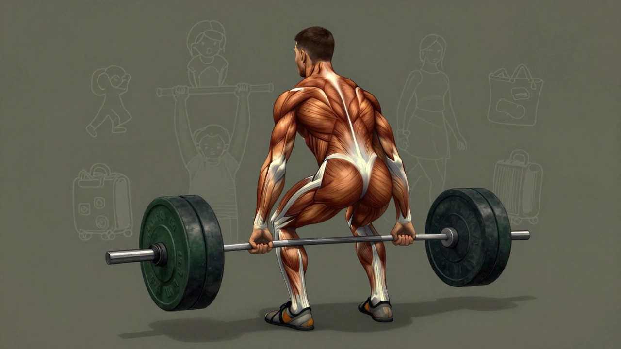 Anatomical illustration showing muscles engaged during a deadlift, connected to everyday lifting tasks.