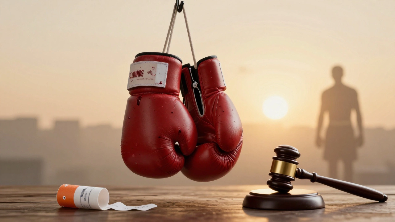 Bloodstained boxing gloves hung beside a gavel and hospital wristband in soft light.