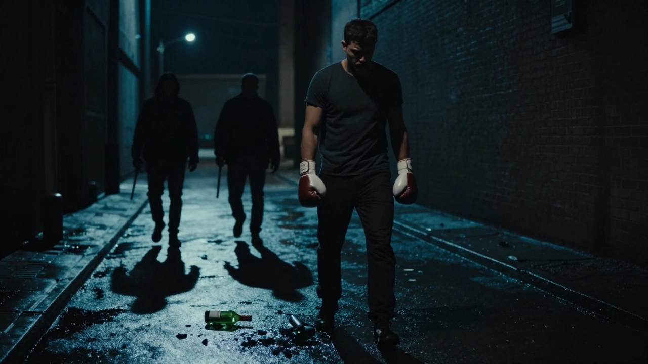 Boxer in a dark alley, frozen mid-decision as shadowy figures approach with hidden weapons.