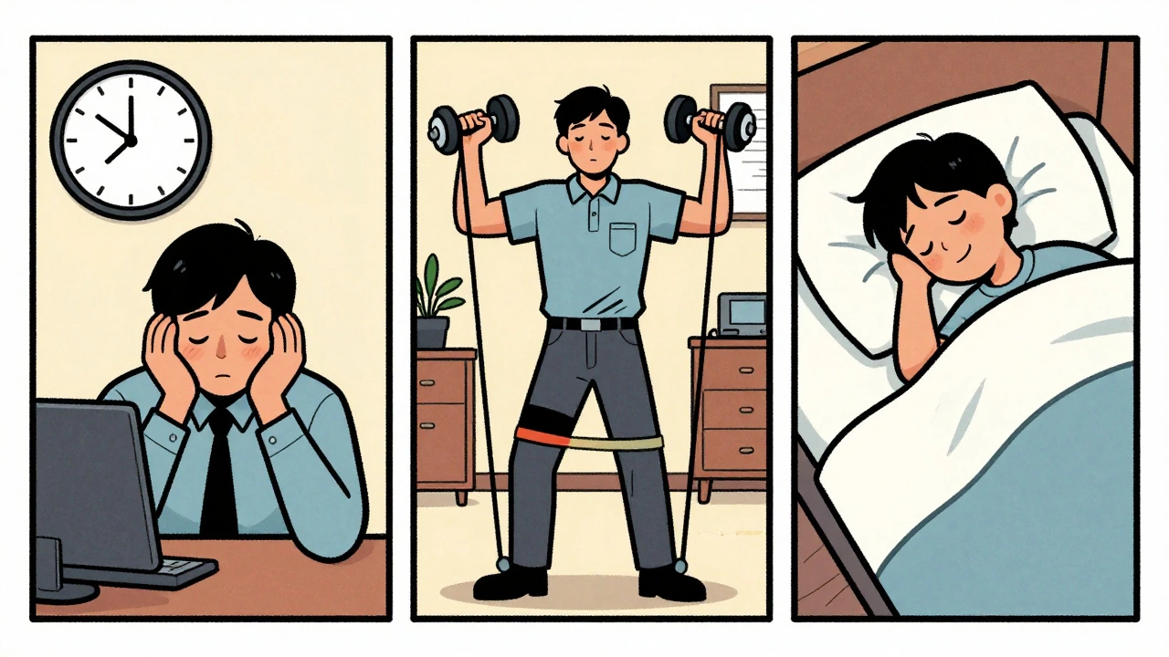 Comic-style sequence showing transformation from tired worker to rested, strong individual.
