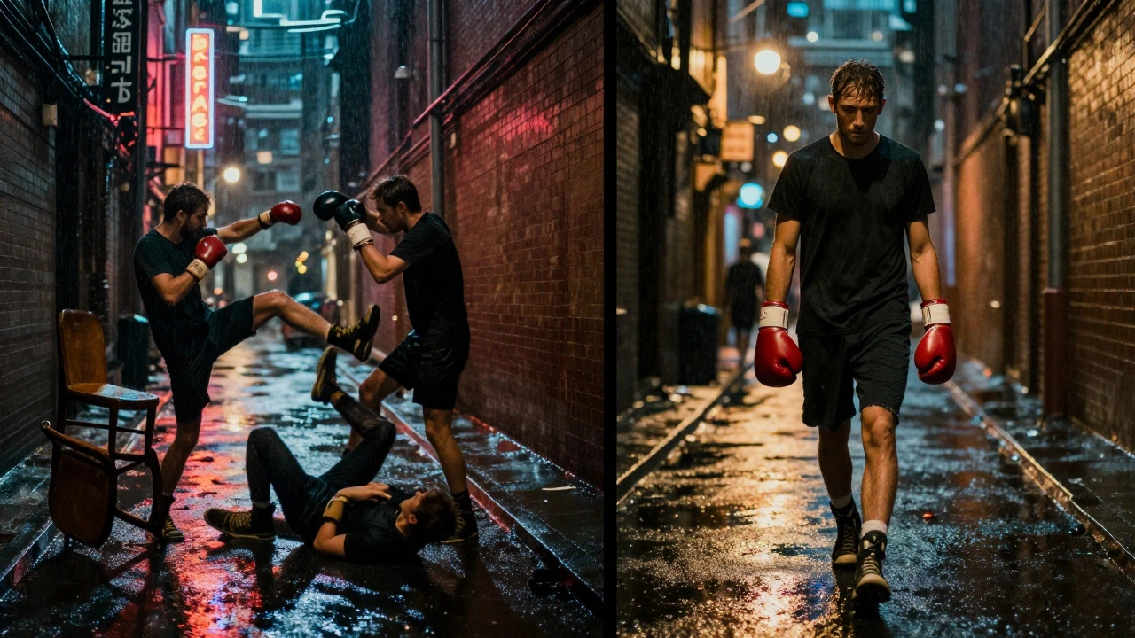 Contrast between chaotic street fight in an alley and a boxer walking away with calm determination.