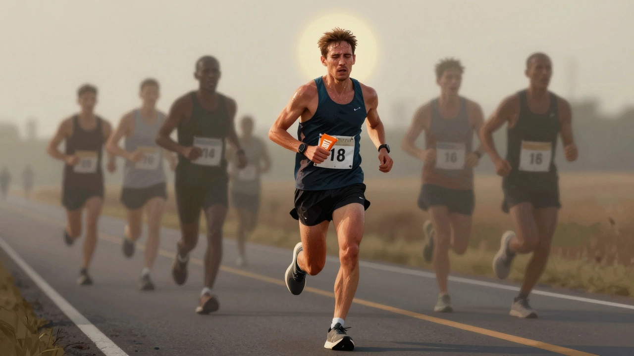 Exhausted runner at mile 18 of a marathon, ghostly long runs behind them.