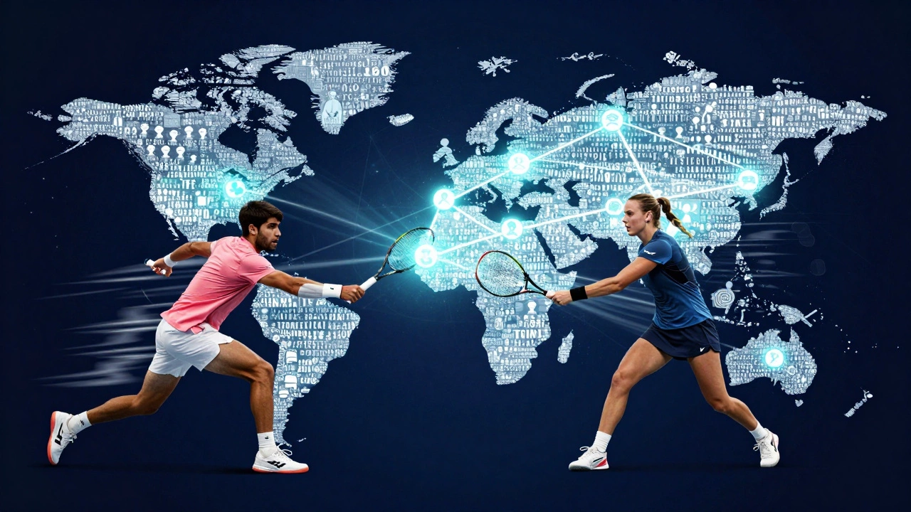 Global network of fans and social media icons connecting Carlos Alcaraz and Iga Świątek.