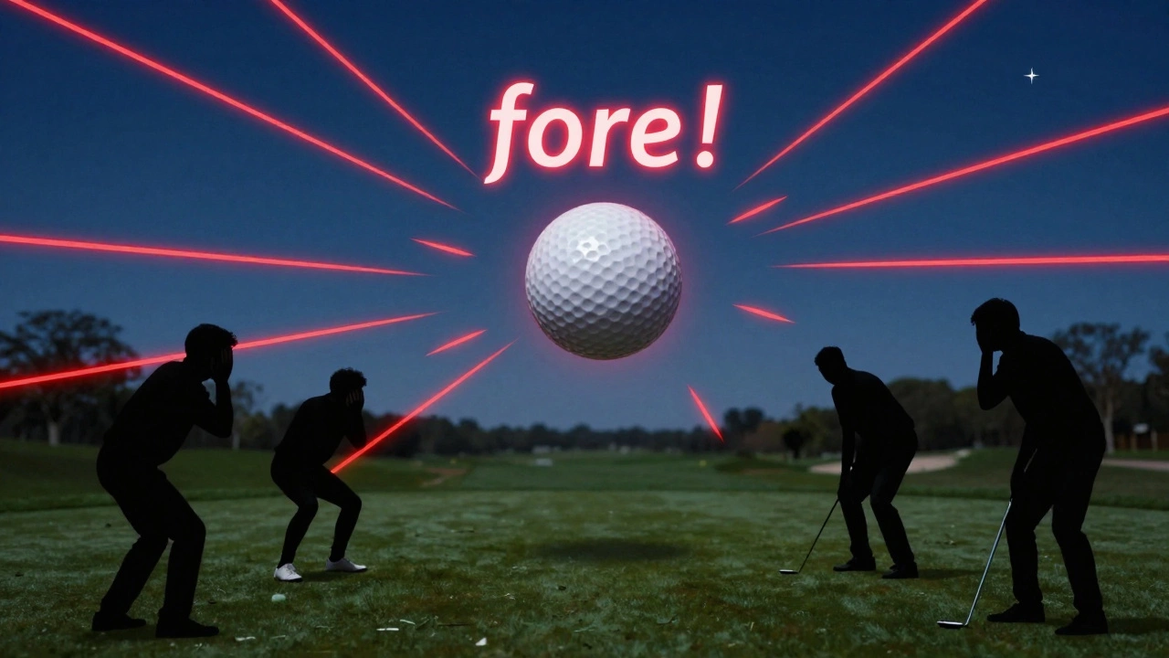 Glowing golf ball with warning lines and silhouettes of people taking cover at dusk.