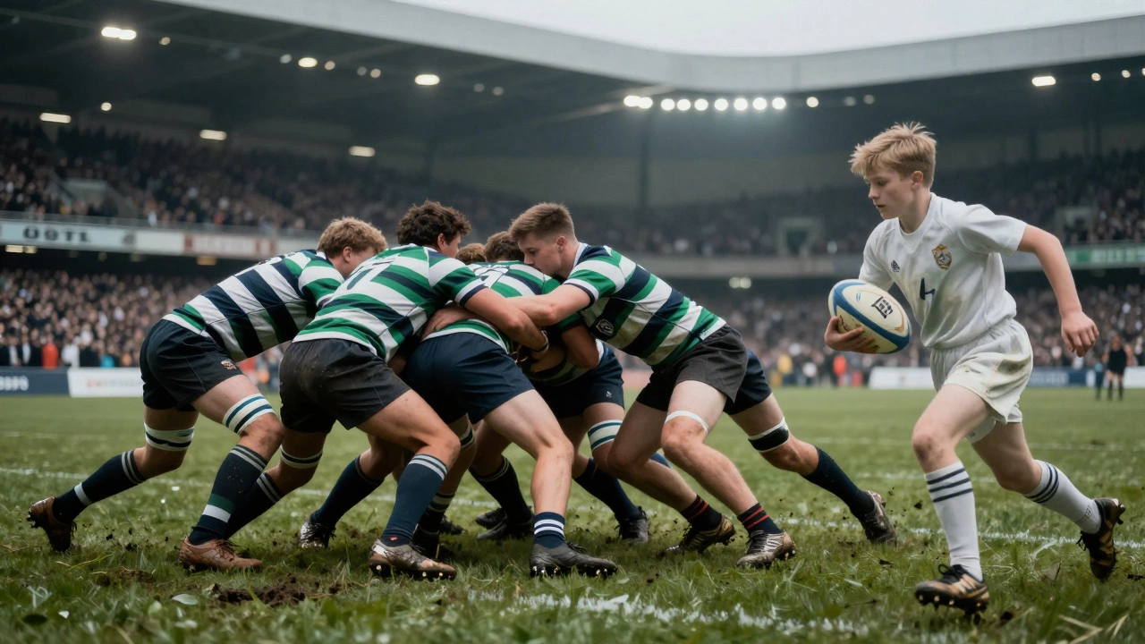 Modern rugby players in a muddy scrum, with a ghostly image of a 1820s runner fading in the foreground.