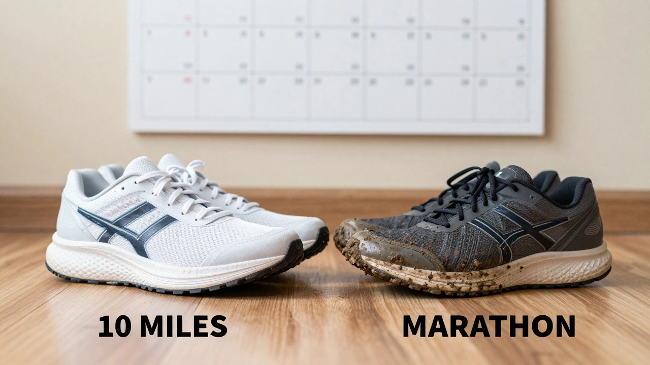 Pair of running shoes showing wear difference between 10-mile and marathon training.