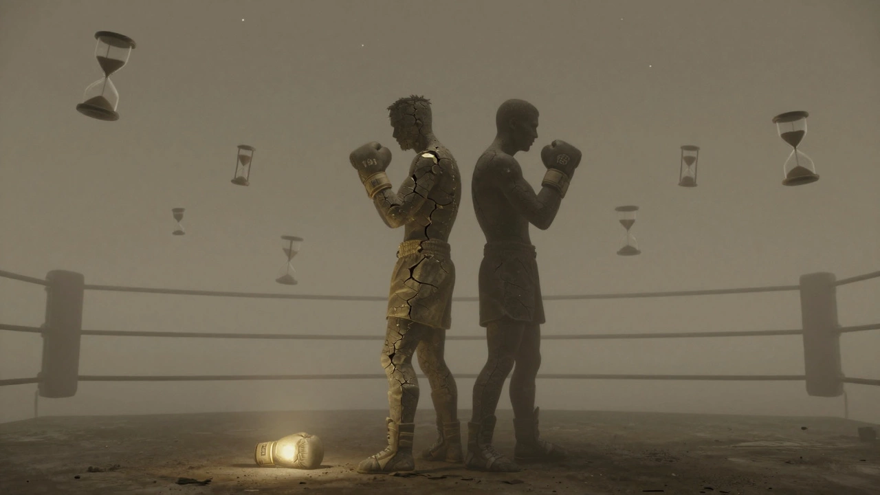 Silhouetted boxers in an endless foggy ring, 110 hourglasses float around them symbolizing endurance.