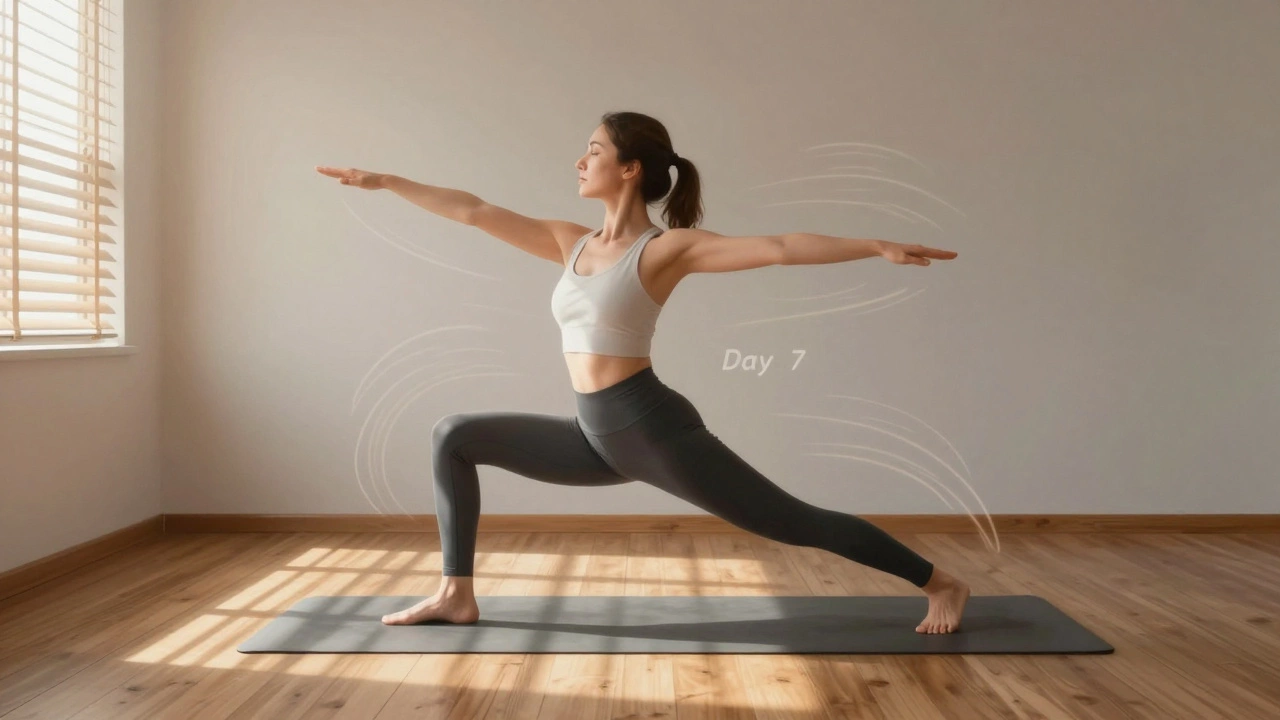 Someone in a peaceful yoga pose at sunrise, breathing deeply with sunlight filtering through blinds.