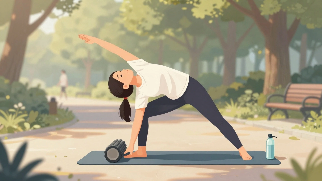 Someone stretching in a peaceful park during active recovery.