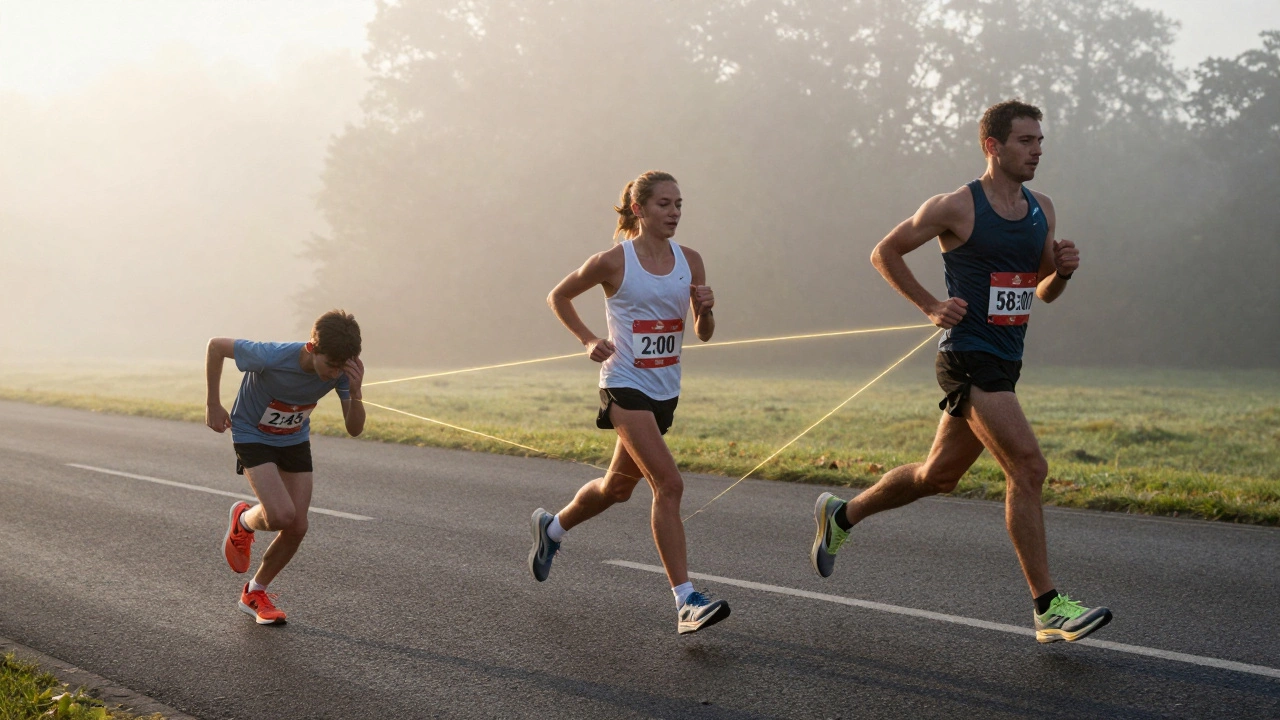 Three runners at different skill levels on the same race course, symbolizing personal progress in half marathon running.