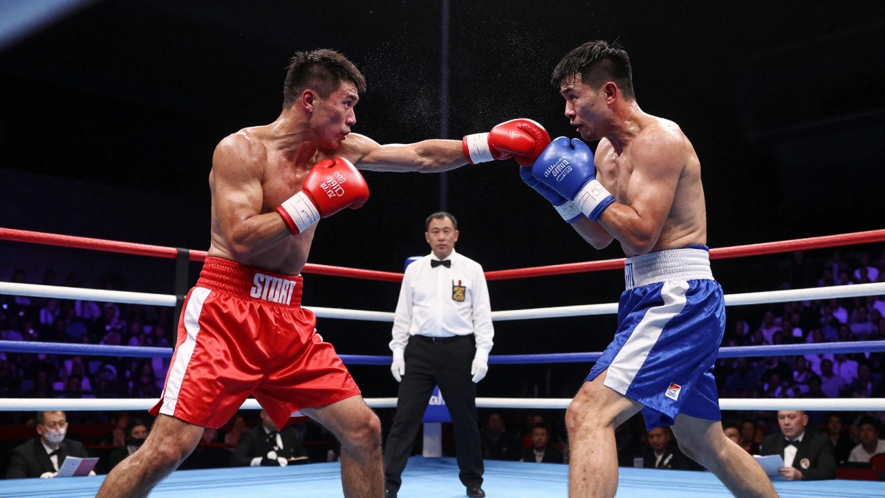 Two boxers in gloves exchange precise punches in a brightly lit ring under professional match conditions.