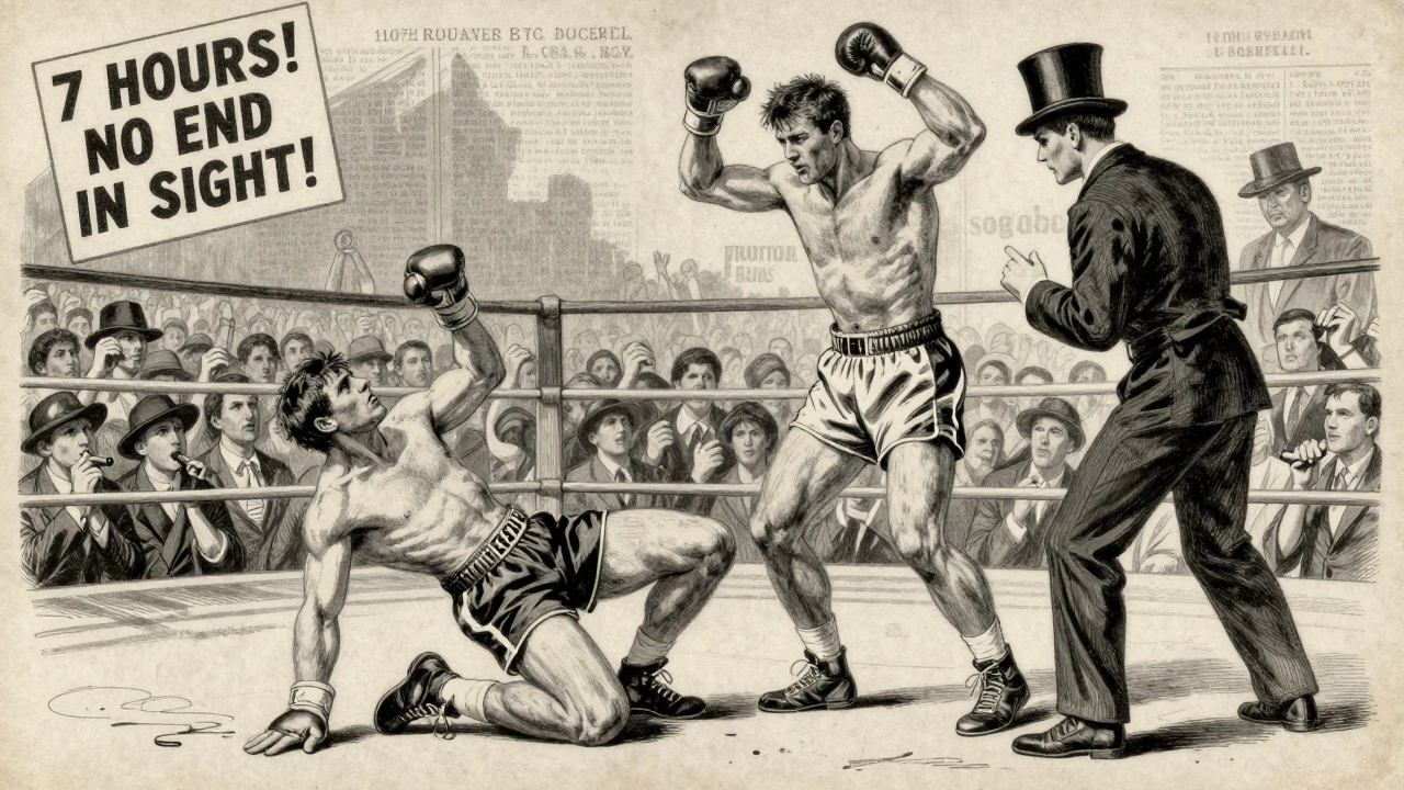 Vintage illustration of the 110th round of the longest boxing match, referee hesitating to stop the fight.