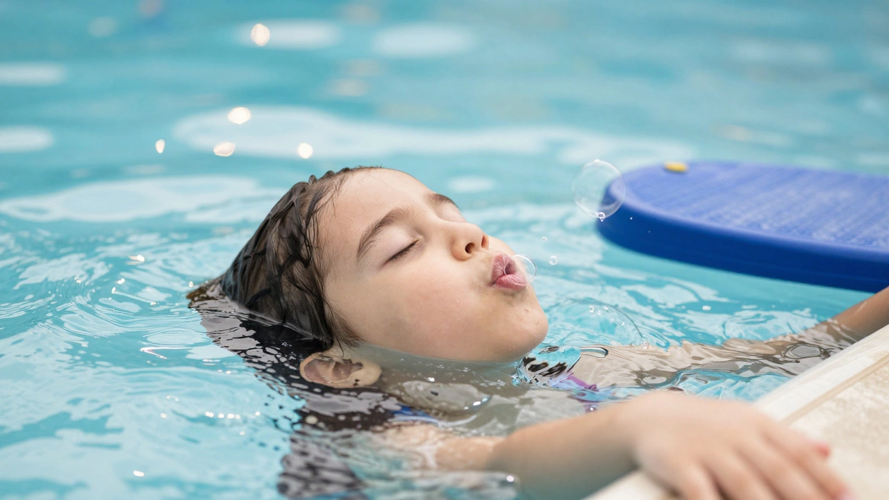 A child floating on their back underwater, gently blowing bubbles with sunlight filtering through.